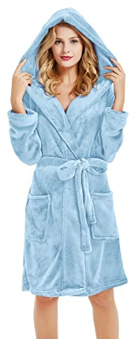 U2SKIIN Women Hooded Fleece Robe, Short Plush Robes for Womens With Hood Soft Warm Spa Bathrobe(Light Blue, S/M)
