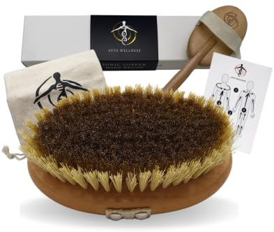 Ayus Wellness Ionic Copper Body Brush - The Ultimate Vegan Dry Body Brush for Exfoliation, Lymphatic Drainage, Detoxification, Anti-Cellulite, Boosts Collagen l Detachable Long Handle