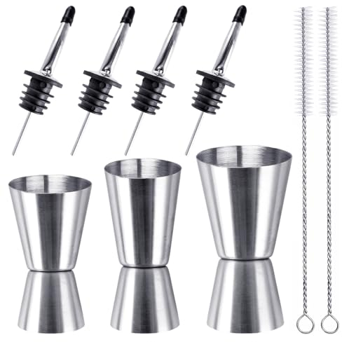 Bubuny Jigger de Cóctel, 25/50 ml Vaso Medidor de Cócteles Jigger Doble Cara, 20/40ml, 25/50ml, 30/60ml con 4 Boquillas para Botellas y 2 Cepillos Taza Medidora Doble para Bar Fiestas Coctelera