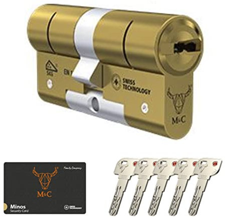 M&C Minos Bombín Cerradura Alta Seguridad Anti Topolino Leva Larga Doble Embrague Certificación Seguridad Máxima SKG 3 Estrellas Anti Bumping Resistente Taladro Color Dorado 5 Llaves Incluidas