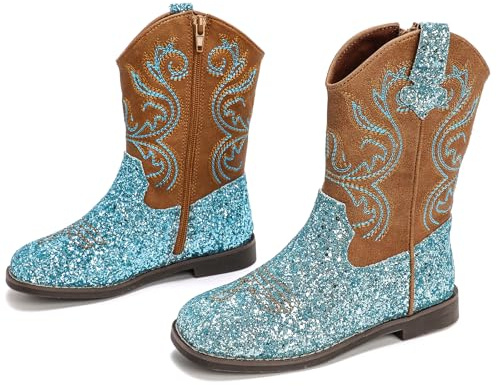 DADAWEN Garcon Bottes de Cowboy Marron Enfant Filles Occidentales Classiques Daim Vintage Broderie Bottes de Mi-Mollet Bleu 36