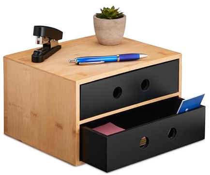 Relaxdays Organizer da Scrivania, 2 Cassetti, bambù e MDF, HLP: 15x25x20 cm, Portapenne Tavolo Ufficio, Naturale Nero