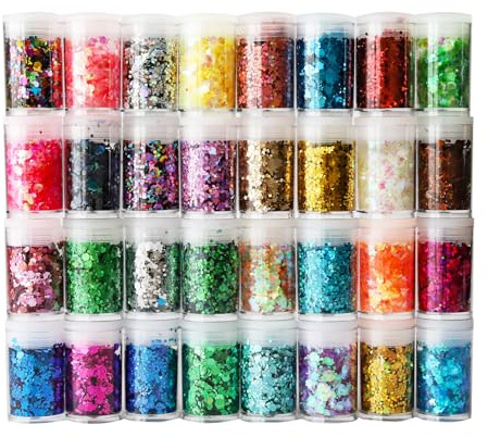 OKwhims 32 färger chunky glitterset, holografiskt glitterset, pysselglitter kloka paljetter, glitterpulver för pyssel, festivaldekoration, nagelkonst, gör-det-själv, maskerad