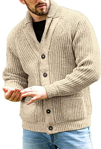 Runcati Cardigan da uomo in maglia grossa, casual, collo a scialle, maniche lunghe, con abbottonatura frontale, maglione lavorato a maglia, cachi, M