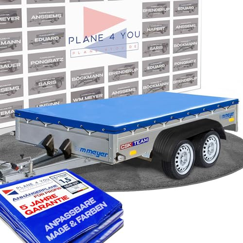 Hochwertige WM Meyer 257 x 157 cm Anhängerplane - wasserdichte Anhänger Plane nach Maß - Flachplane - Hochglanz Blau