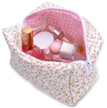 Kosmetiktasche Damen Reise Kulturbeutel Set Make up Tasche Großem Kosmetiktasche mit Blumenmuster Aesthetic Blumen Schminktasche für Make-up-Pinsel und Beauty Utensilien (Pink)