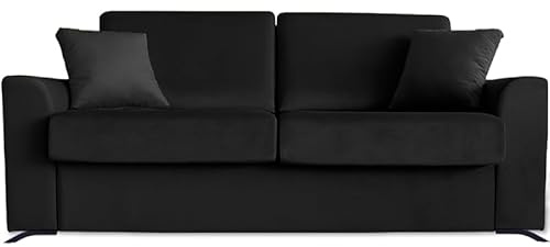 Ventadecolchones - Sofá Cama Italiano 3 Plazas con Subida Y Montaje (207x103x100cm) Berlín en Terciopelo Negro con Patas Metálicas Negras