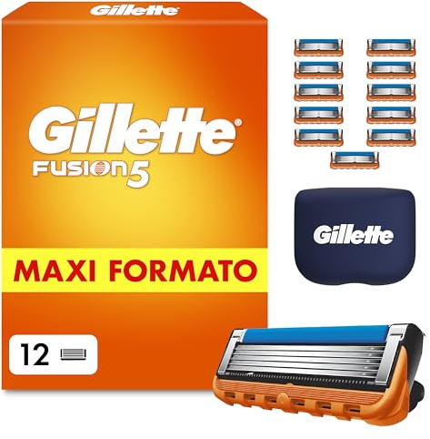 Gillette Fusion5 Cuchillas de Afeitar Hombre, Pack de 12 - Recambios para Maquinillas de Afeitar con 5 Hojas, Banda de Gel Lubricante Y Recortadora de Precisión