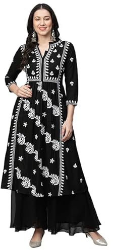 Sambhav Quilt Hub dam Rayon Anarkali hand brodiery Lucknowi Chikankari etniska kläder rak Kurti kurta tunika klänning, Svart, L