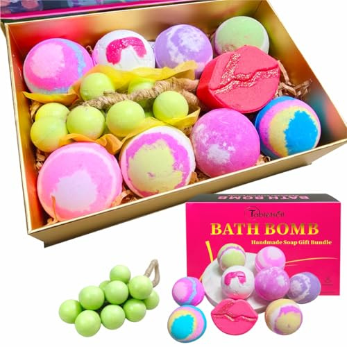 Luxury Bath Bomb Gift Set for Women | 9 Vegan Bath Bombs & Grape Soap | Sensitive Skin Safe, Non-Toxic | Christmas, Birthday, Spa Gifts for Her