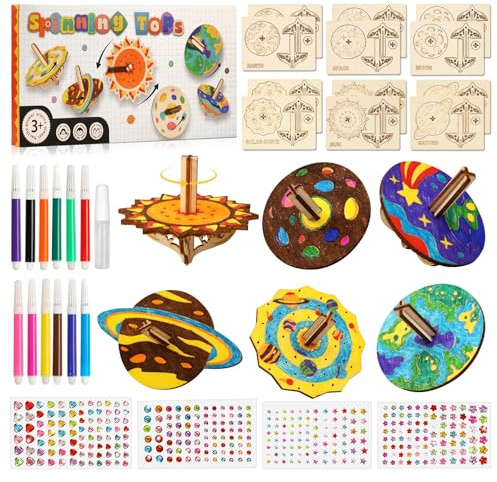 Toupie en Bois Kits,Toupies Jouets En Bois De Loisir Creatif Enfant,Systeme Solaire Planete Peinture Bricolage Cadeau Anniversaire Activites Manuelles Pour Enfants Filles GarçOns 5 6 7 8 9 10 Ans