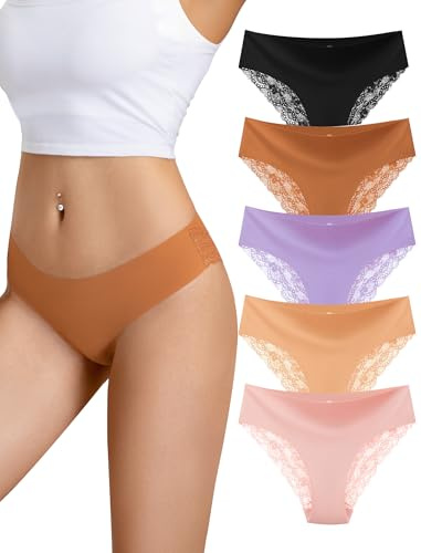 VOENXE Bragas Mujer Encaje,Braguitas Ropa Interior,Women Hipster Underwear,Cintura Media Baja Panties,Femenin Elastico Bikini Brief,Ladies Lace Comodas Suaves Knickers,MúLtiples Pack De 5