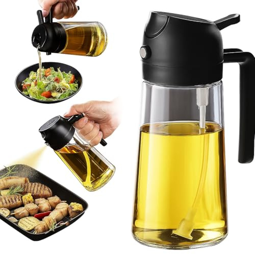 2 in 1 Olive Oil Sprayer & Dispenser Bottle – 470ml/16oz Glass Spray and Pour Oil Bottle for Cooking, Air Fryer, Salad, BBQ – Kitchen Gadgets & Accessories (Black)