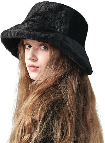 KYRINOVA Winter Warm Fuzzy Bucket Hat, Comfortable Fluffy Bucket Hat, Fashion Fur Hat Suitable for Women and Girls (UK, Alpha, One Size, Black)