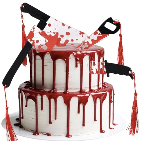 Xsstarmi 4 Pack 3D Blood Knife Cake Topper Decorations Set Spooky Killer Birthday Cake Pick for Horrible Birthday Halloween Party DIY Cake Decorations Supplies