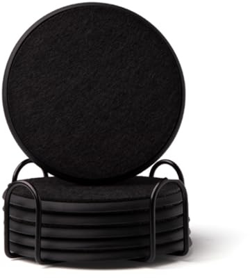 SANTUO Black Absorbent Round Coasters Set | 6Pcs with Metal Holder, Silicone Coasters, Soft Felt Insert for Coffee Drinks, Home Table Kitchen Office Bar Apartment
