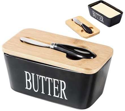 Butter Dish with Lid and Knife, Butter Dish with Lid Ceramic, Double Silicone Seals Butter Box for Butter Nuts Cheese(350ml/Black)