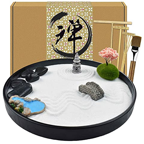 Artcome Jardin de sable zen japonais pour bureau - Râteau, support, rochers et mini accessoires d'aménagement - Kit de méditation - Cadeau