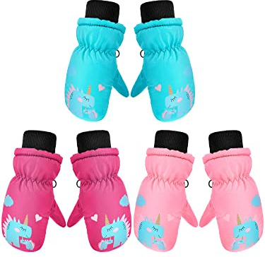 Geyoga 3 Pairs Kids Ski Mitten Toddler Winter Waterproof Snow Gloves Unisex Cold Weather Warm Mitten for Girls Children Boys Skiing Snowboarding (Pink, Light Blue, Rose Red,3-6 Years)