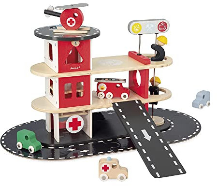 Janod - Bolid Rettungsstation aus Holz - 5 Fahrzeuge inklusive - Fantasie und Feinmotorik - FSC-zertifiziert - Farbe auf Wasserbasis - ab 2 Jahre, J04639