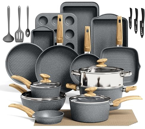 Kitchen Induction Cookware & Bakeware Set - 30 Piece Blue Grey Granite Cooking Pans Set, Non-Stick Pots and Pans Set