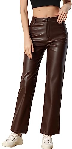 Allegra K Faux Leather Pants for Women's High Waist Straight Leg Punk PU Trousers Large Brown