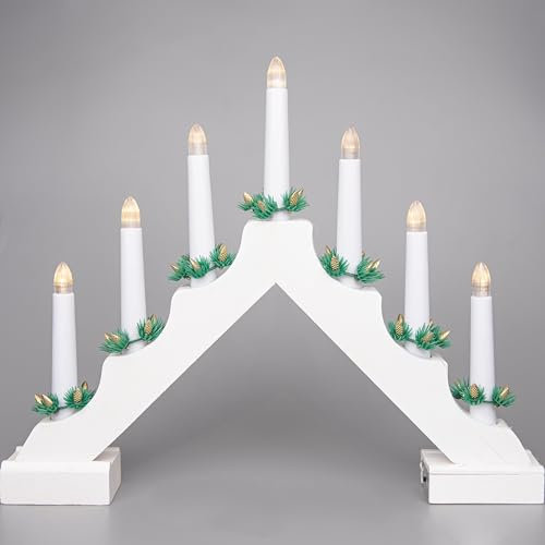 SHATCHI Traditional Wooden Pre-Lit White Candle Bridge Light 7 LEDs Bulbs - Battery Powered - Window Christmas Tree Home Office Desk Light Holiday Xmas Festive Decoration
