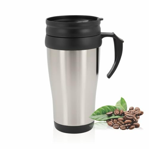 LORD C Travel Mug Coffee Cup Insulated Personalised Lid Cute Takeaway Mugs with Handle for Hot and Cold Drinks Leakproof Non Spill Thermal Reusable Vintage Portable Camping Drink 450ml (Pack of 1)