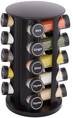New England Stories Revolving Spice Rack Set with 20 Spice Jars, Kitchen Spice Tower Organizer for Countertop or Cabinet - Carousel Storage Includes 386 Spice Labels (Black)