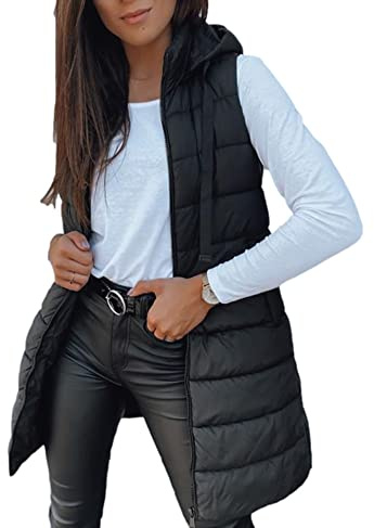 Imily Bela Chaleco acolchado largo y ligero con capucha para mujer, sin mangas, chaqueta de invierno, chaleco de entretiempo cálido, Negro, M