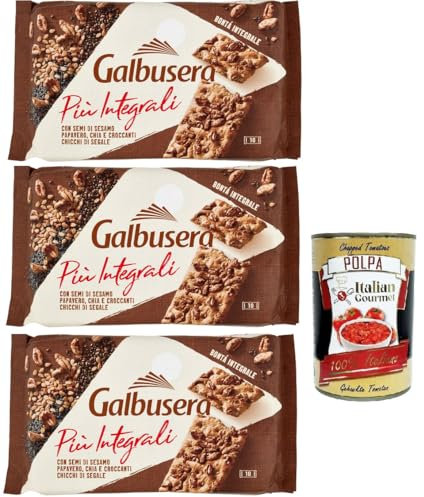 Galbusera Più Integrali con Semi di Sesamo, Papavero, Chia e Croccanti Chicchi di Segale, craquelins aux graines de sésame, pavot, chia et haricots de seigle croustillants, 3 x 380 g + Italian Gourmet