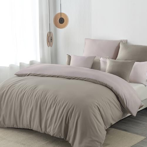 Nesture Parure de lit 140x200 2 pièces Taupe/Beige - Ensemble de linge de lit en microfibre - Housse de couette réversible 140 x 200, douce et infroissable - 1 housse de couette + 1 taie d'oreiller