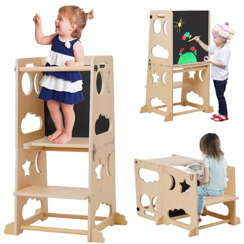 Toddlers Kitchen Step Stool, Montessori Learning Tower with Chalkboard, Stool Helper for Kids in Kitchen & Washstand & Toilet, Foldable Toddler Table and Chair