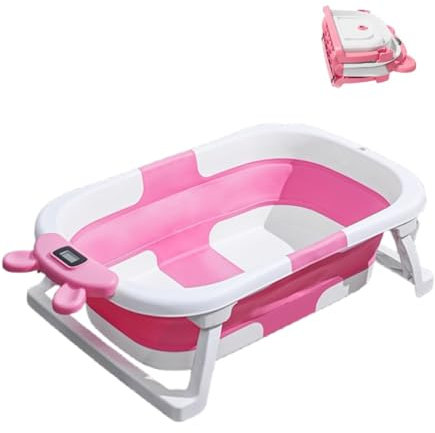 Bañera plegable para bebés con indicador de temperatura en tiempo real, cojín de natación y drenaje, bañera de viaje portátil para recién nacidos y niños pequeños (0 – 36 meses), ahorra espacio (rosa