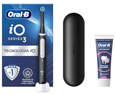 Oral-B Spazzolino Elettrico Ricaricabile iO 3 Nero, 1 Spazzolino Elettrico, 1 Testina Di Ricambio, Custodia Da Viaggio + Dentifricio Oral-B Advanced Protezione Sensibilità, Pulizia Denti
