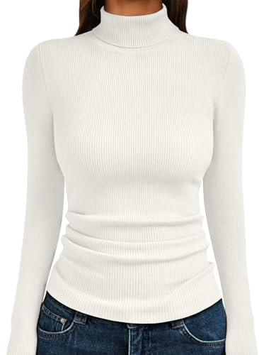 LILLUSORY Womens Turtleneck Ribbed Sweaters Pullover Tops White S