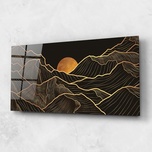 ARTHUB® Moderne impression sur verre 60x150 cm, 4mm verre trempé | Tableau en verre salon et chambre, Décoration murale moderne, Décoration intérieure, paysages, Black Gold Mountains