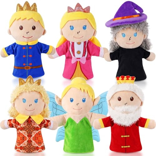 6 marionette a forma di castello, fiabe regina e re, principessa e principe, elfo e strega, giocattoli di peluche per bambini, narrazione immaginativa, per insegnare all'asilo (6 cartoni animati)