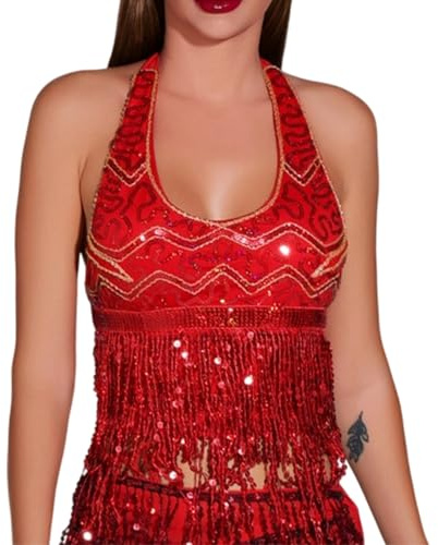 Tank Top Débardeur Glamour À Bretelles Débardeur Femme Débardeurs Élégant Sexy Tank Chic Cocktail Top Paillettes pour Les Fêtes Rouge One Size