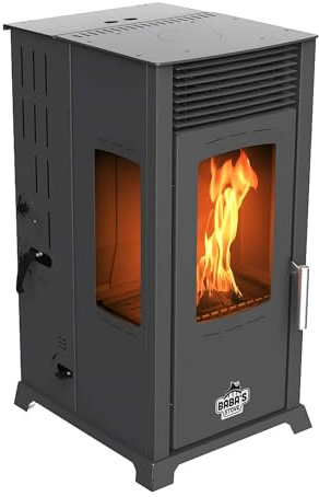 Babas Eco Plus Panorama Hybriugn, pellets och vedkamin, 8 kW pelletsugn utan el, svart, vedeldad spis, träugn, kamin