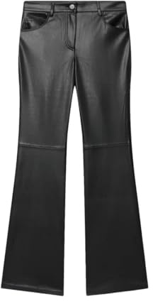 Women Autumn Winter Artificial Leather Trousers Flared Leg Length Slimming Casual Pants Black M