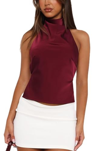 Svuitmsl Women Y2k Halter Tank Tops Sleeveless Mock Neck Cami Top Sexy Open Back Satin Silk Satin Going Out Camisole Clubwear (B-Claret, S)