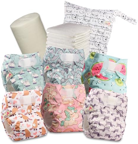 Littles & Bloomz Pañales Reutilizables – Pañales de Tela Tipo Bolsillo con Cierre de Gancho y Bucle en la Cintura, 6 Pañales + 6 Insertos de Microfibra, Forros de Bambú y Bolsa Impermeable, 616VM6