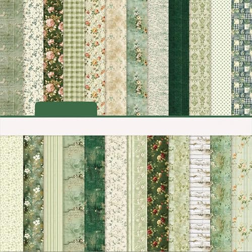 Papier Scrapbooking 24 Feuilles Scrapbook Paper Double Face Papiers Scrapbooking Feuille Vintage 15×15 cm Papier Motif Vert pour Journal, Carnet, DIY Album Artisanat