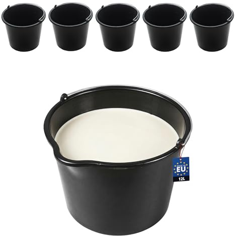 BAKOKI Robust set med 5 murbrukshink med pip 12 l av återvunnen LDPE med metallpannband och inre skala – betonghink, cementhink, rengöringshink och vattenhink för byggarbetsplats, trädgård och hushåll