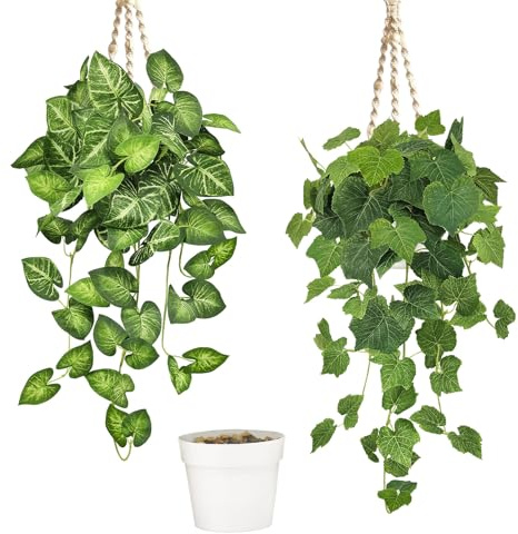 YMIFEEY 2 Stück Hängepflanze Künstlich im Topf Kunstpflanze Hängend, Künstliche Pflanzen Wie Echt Plastik Pflanze Hängepflanzen, Fake Plant für Zimmer Bad Regal Indoor Outdoor Deko (Taro-&Weinblätter)