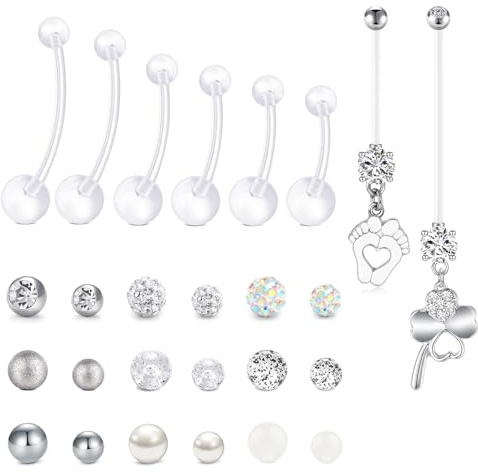 CIZME Piercing de nombril de grossesse 14G UV Bioflex - 8 longueurs (12-38 mm) - Piercing de nombril flexible pour femmes enceintes - Avec 18 boules de rechange - Hypoallergénique