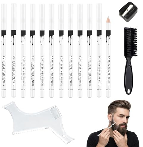 12 Piezas Lápiz de Peluquero Blanco, Incluye Plantilla Barba, Sacapuntas Y Cepillo, Tiza Mágica de Peluquería para Delinear Línea Del Cabello y Dar Forma a Barba