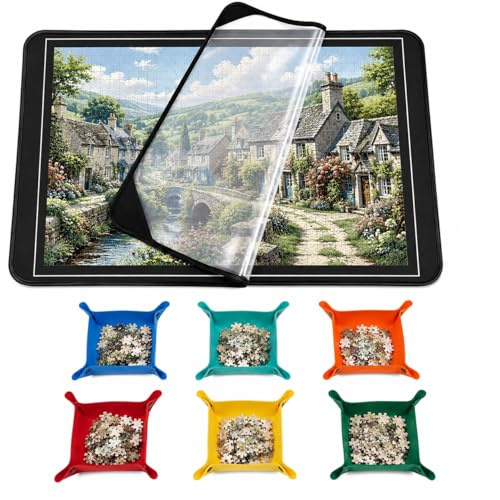 Jigsaw Puzzle Board, 500-1000 Piece Puzzle Table | Non-Slip Felt Surface, 6 Sorting Trays, Clear Dust Cover and Foldable Storage, for 500-1000 Piece Jigsaws, Black, 80x55 CM