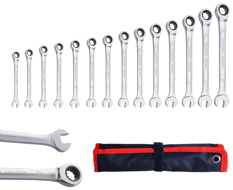 CCLIFE 14 delar spärrnyckelsats, ringspärrnyckel gaffelnyckel 6–22 mm, Cr-V 72 tänder, verktygsset för bilreparation, inklusive väska